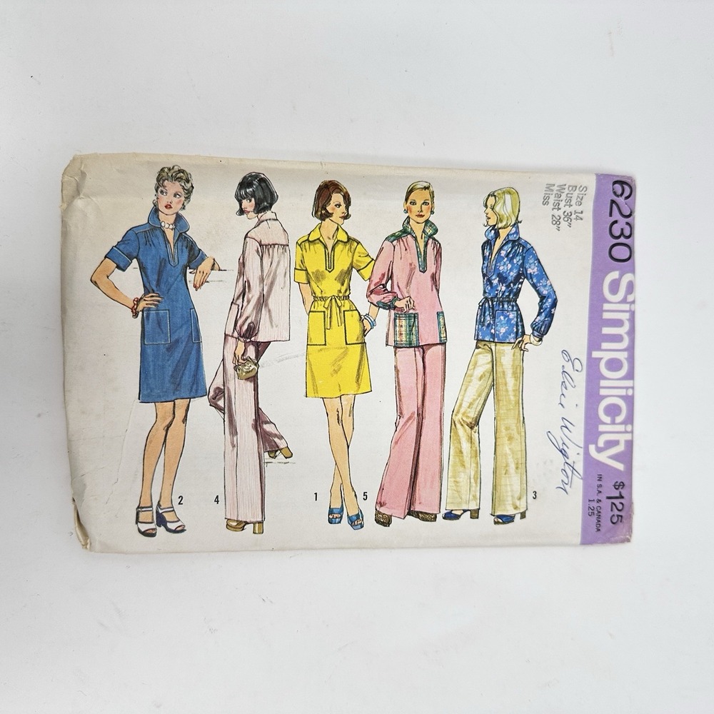 Simplicity 6230 Sewing Pattern 1970s Dress Bell Bottoms Top Womens 14